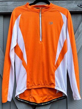 Nishiki Men's Cycling Jersey Medium Orange White Long Sleeve 1/2 Zip 3 Rear Pock